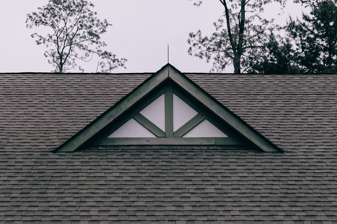 Shingle roof with a peak and trees in the background